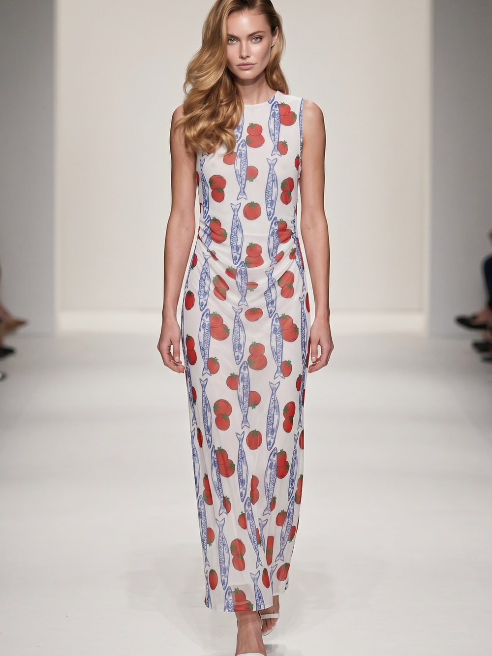 Made in Italy Sleeveless White Maxi Dress with Red Tomato & Blue Fish Print